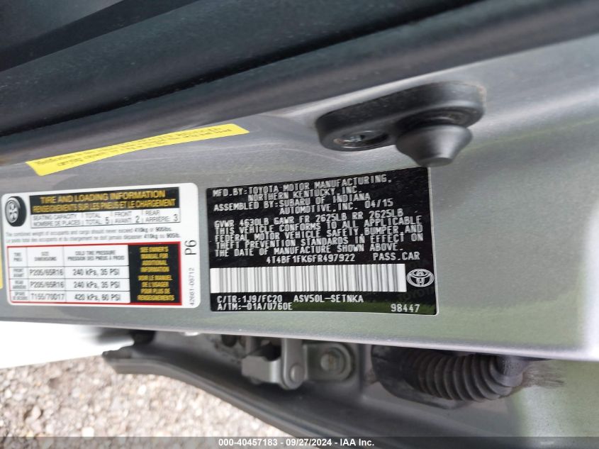 4T4BF1FK6FR497922 2015 Toyota Camry Le