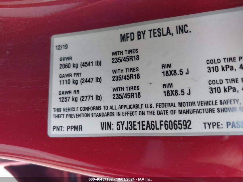 2020 Tesla Model 3 VIN: 5YJ3E1EA6LF606592 Lot: 40457189