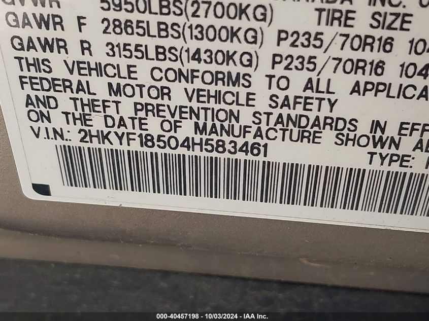 2004 Honda Pilot Ex-L VIN: 2HKYF18504H583461 Lot: 40457198