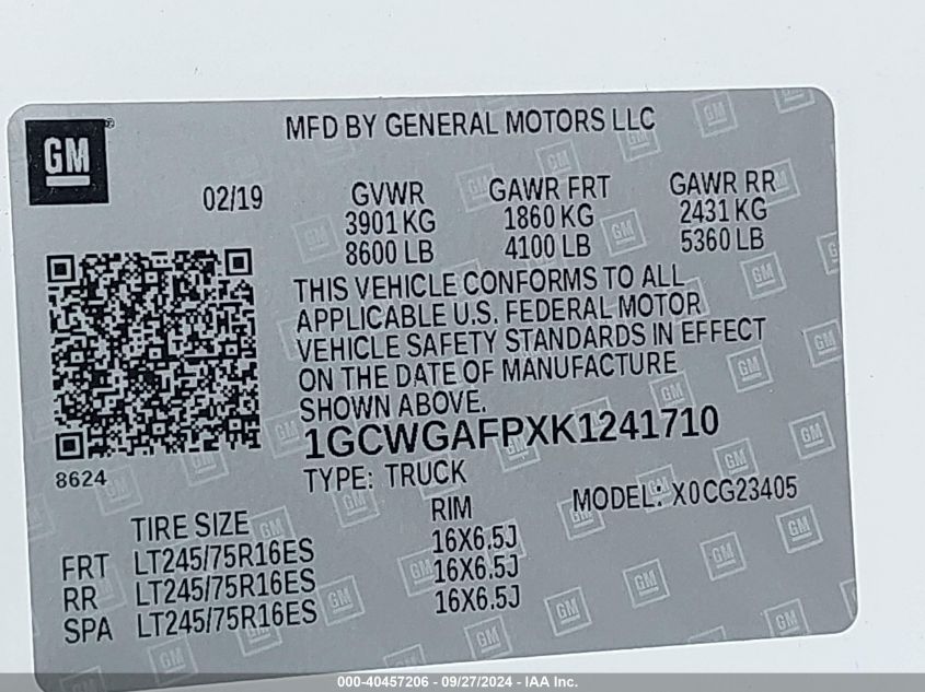 2019 Chevrolet Express 2500 Work Van VIN: 1GCWGAFPXK1241710 Lot: 40457206