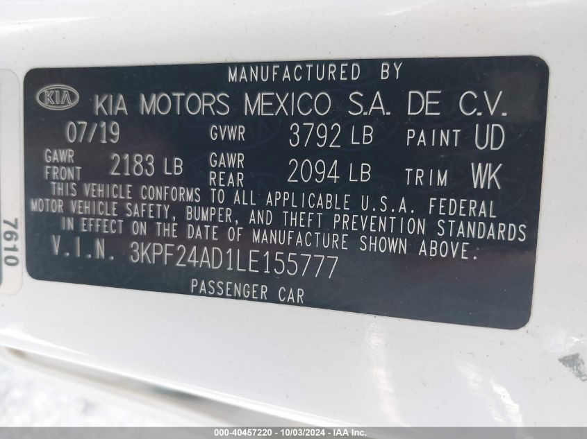 2020 Kia Forte Lxs VIN: 3KPF24AD1LE155777 Lot: 40457220