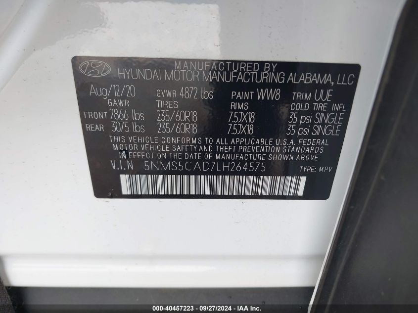 2020 Hyundai Santa Fe Limited VIN: 5NMS5CAD7LH264575 Lot: 40457223