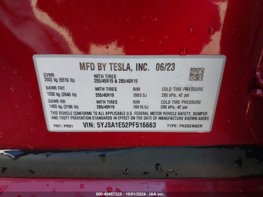 2023 Tesla Model S Dual Motor All-Wheel Drive/Standard Range VIN: 5YJSA1E52PF516663 Lot: 40457225