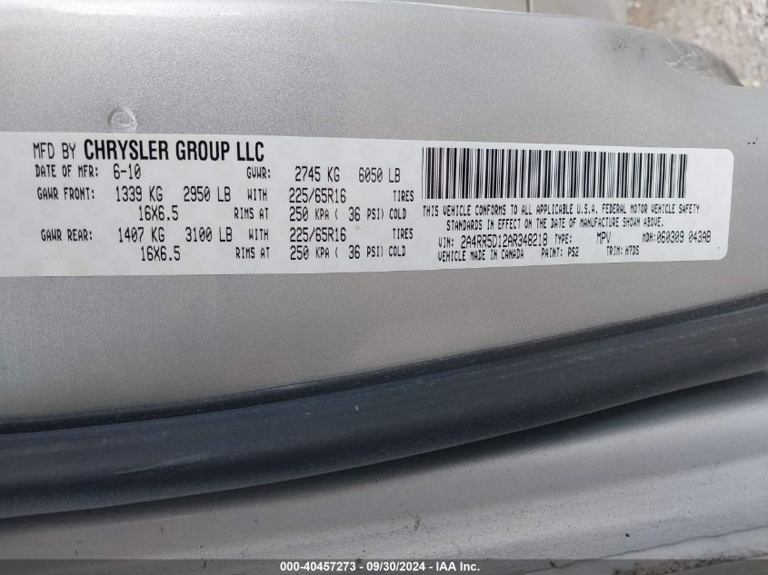 2A4RR5D12AR348218 2010 Chrysler Town & Country Touring