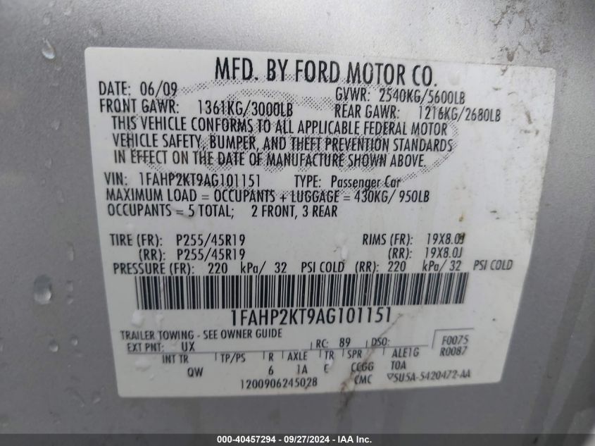 1FAHP2KT9AG101151 2010 Ford Taurus Sho