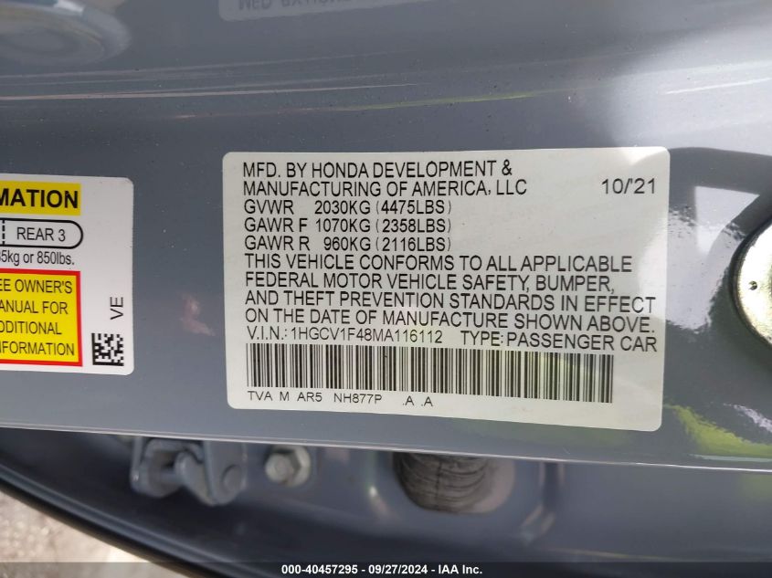 1HGCV1F48MA116112 2021 Honda Accord Sport Special Edition