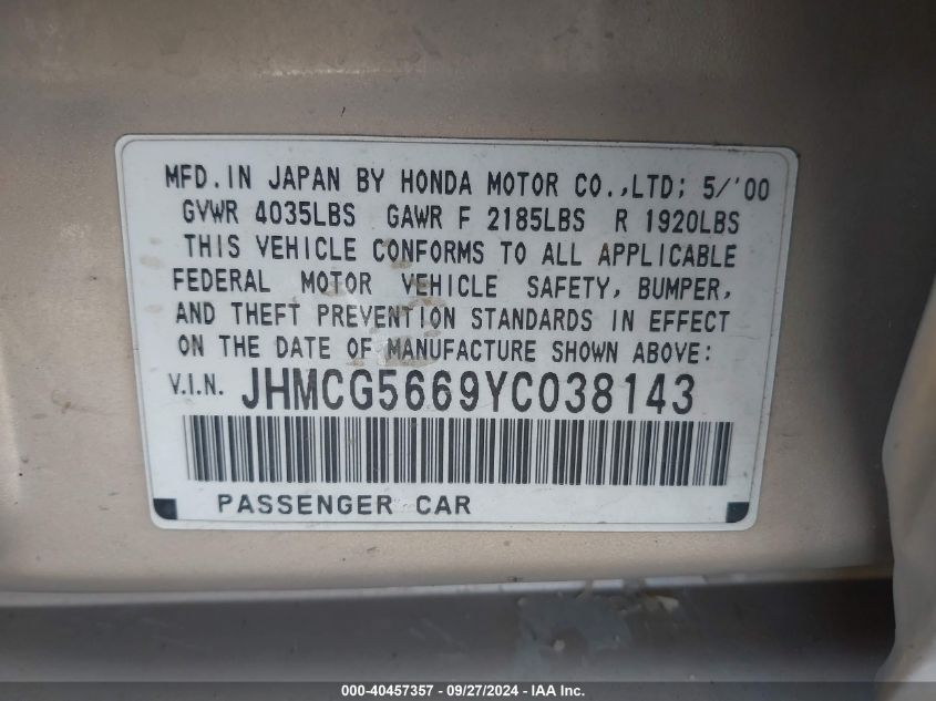 2000 Honda Accord 2.3 Ex VIN: JHMCG5669YC038143 Lot: 40457357