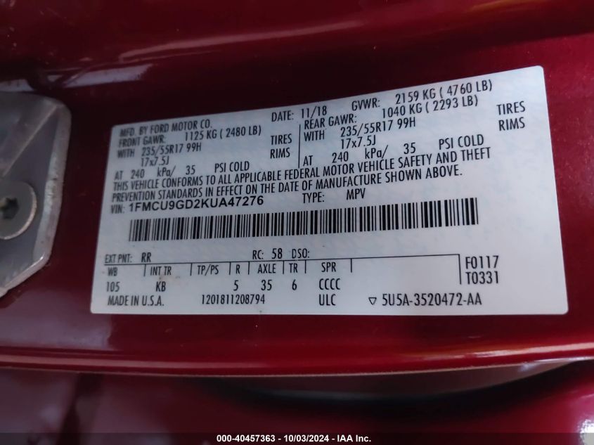 1FMCU9GD2KUA47276 2019 Ford Escape Se