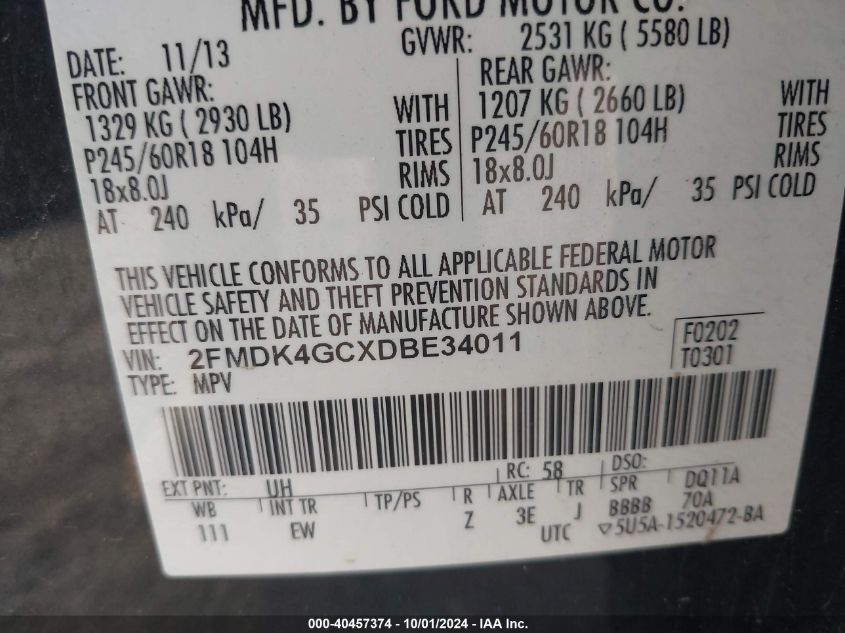 2013 Ford Edge Se VIN: 2FMDK4GCXDBE34011 Lot: 40457374