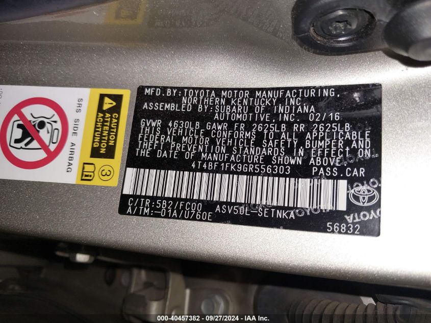 4T4BF1FK9GR556303 2016 Toyota Camry Le