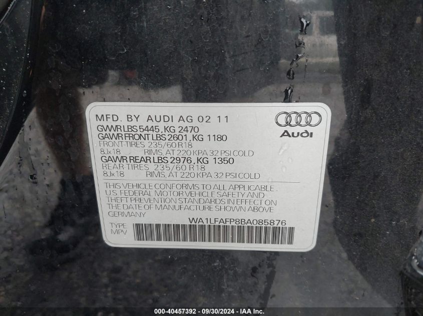 2011 Audi Q5 2.0T Premium VIN: WA1LFAFP8BA085876 Lot: 40457392