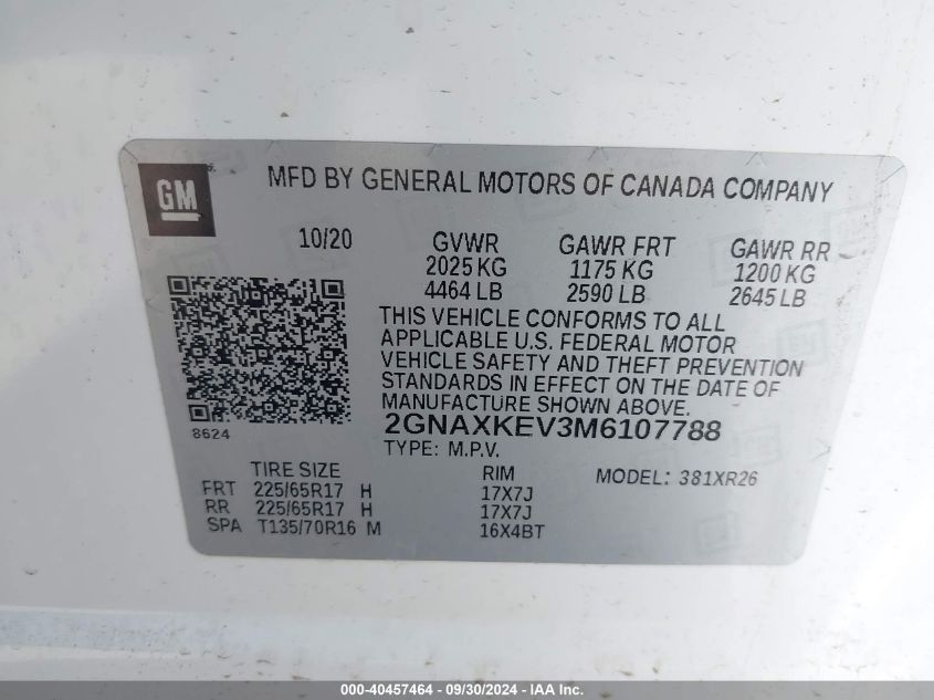 2021 Chevrolet Equinox Fwd Lt VIN: 2GNAXKEV3M6107788 Lot: 40457464