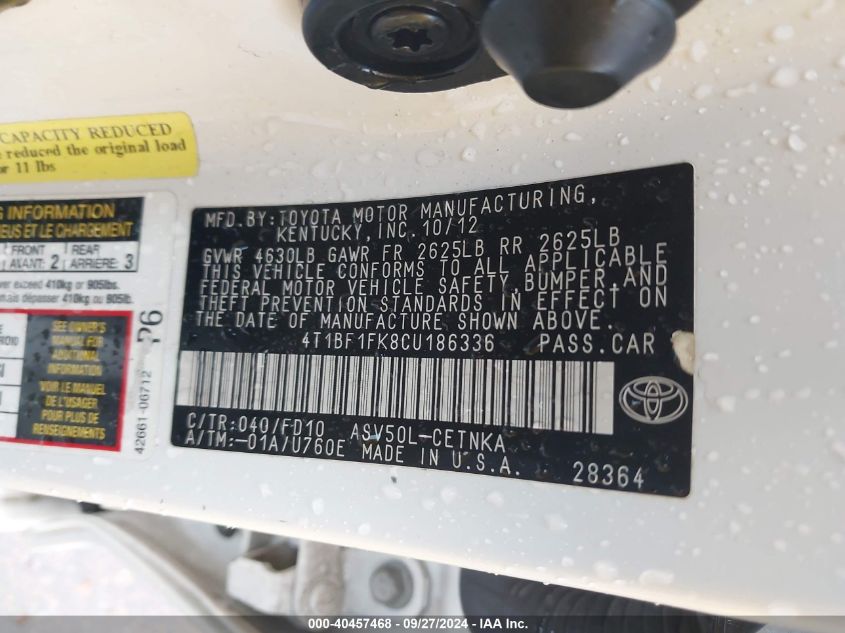 4T1BF1FK8CU186336 2012 Toyota Camry Le