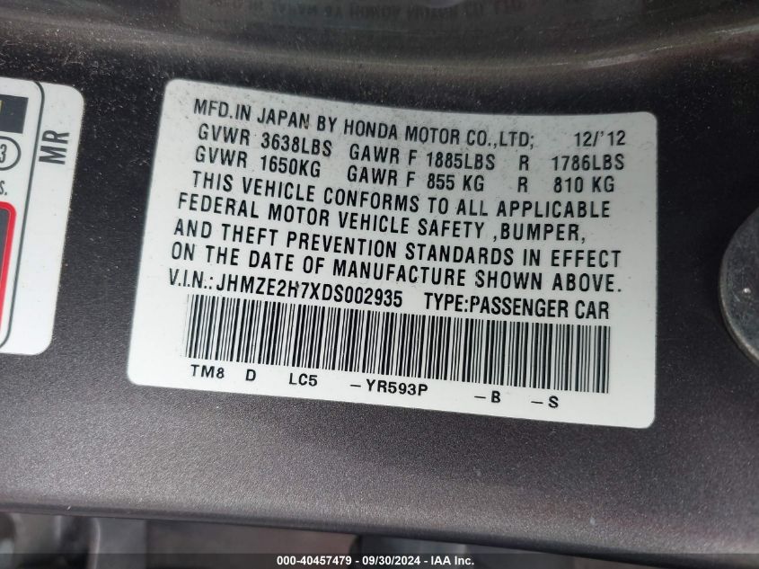 JHMZE2H7XDS002935 2013 Honda Insight Ex