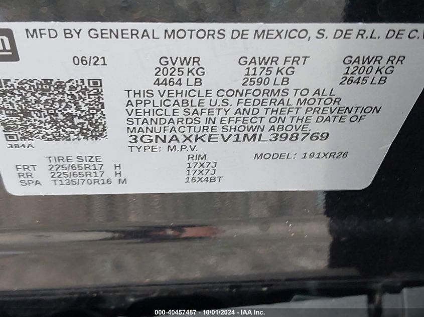 2021 Chevrolet Equinox Fwd Lt VIN: 3GNAXKEV1ML398769 Lot: 40457487