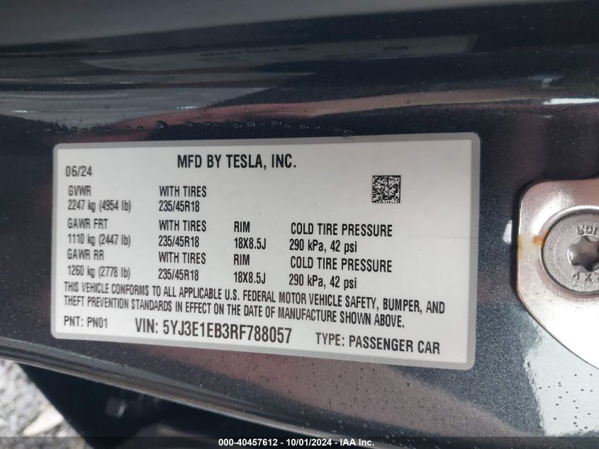 5YJ3E1EB3RF788057 2024 Tesla Model 3