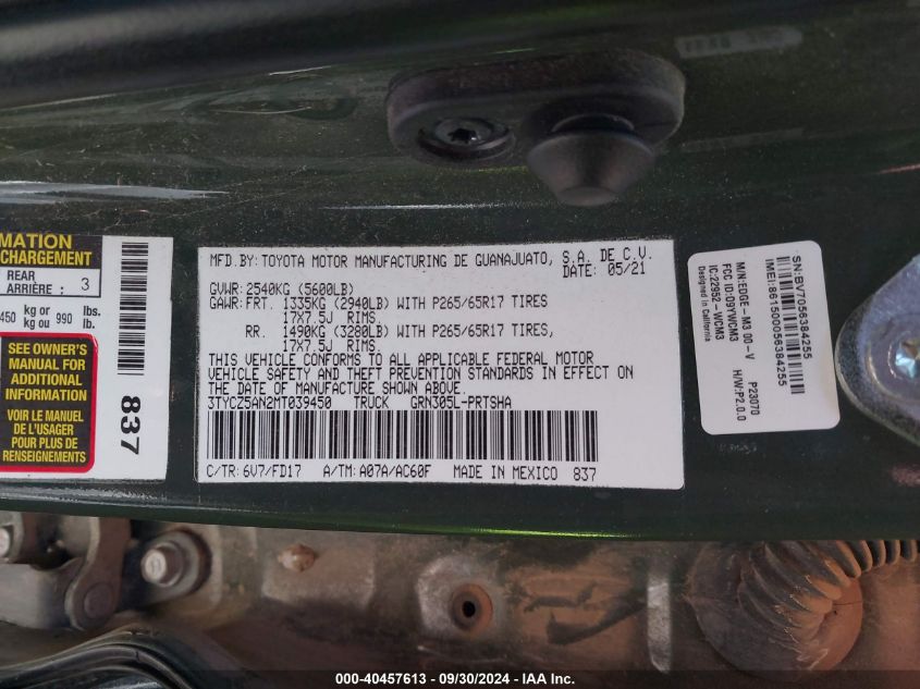 3TYCZ5AN2MT039450 2021 Toyota Tacoma Double Cab/Sr/Sr5/Trd Spo