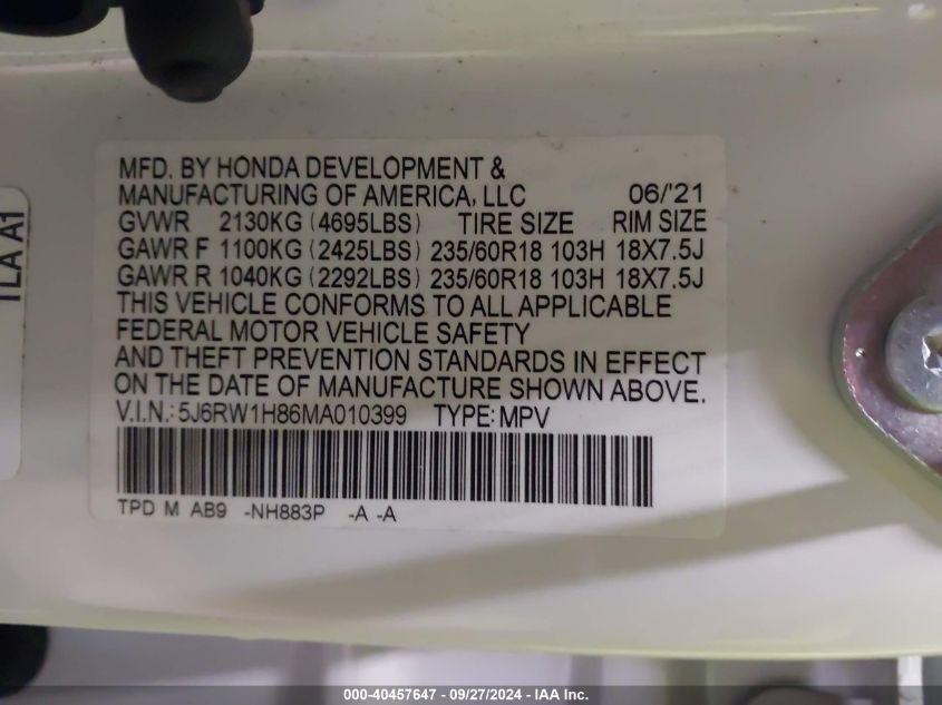 2021 Honda Cr-V 2Wd Ex-L VIN: 5J6RW1H86MA010399 Lot: 40457647