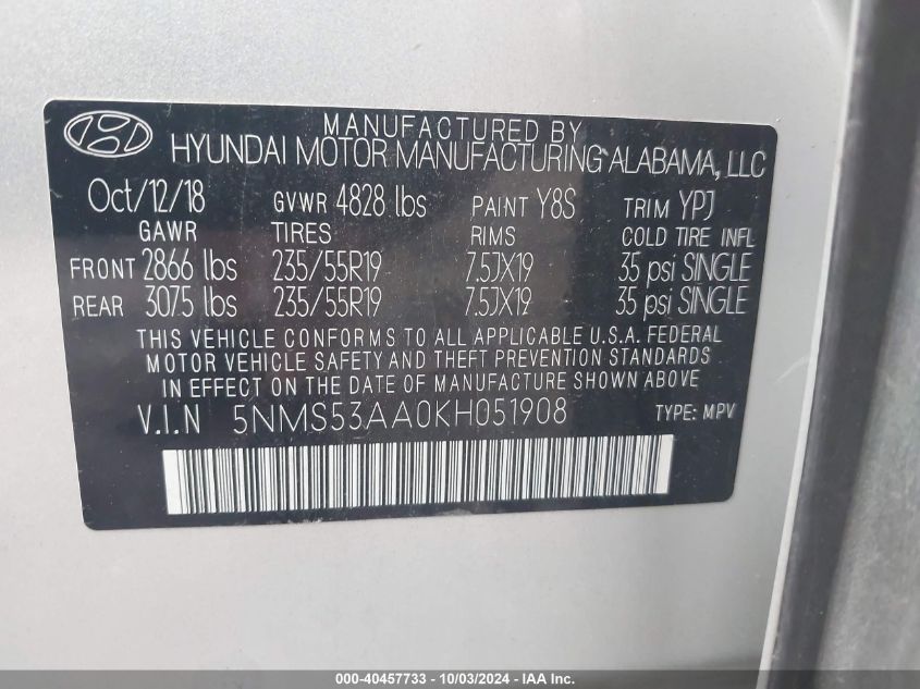 5NMS53AA0KH051908 2019 Hyundai Santa Fe Ultimate 2.0T