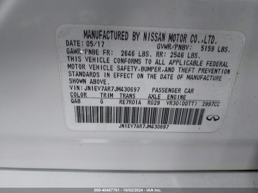 VIN JN1EV7AR7JM430697 2018 INFINITI Q50 3.0T LUXE