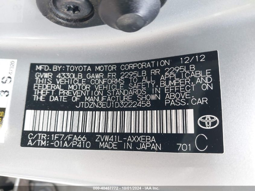 2013 Toyota Prius V Three VIN: JTDZN3EU1D3222458 Lot: 40457772