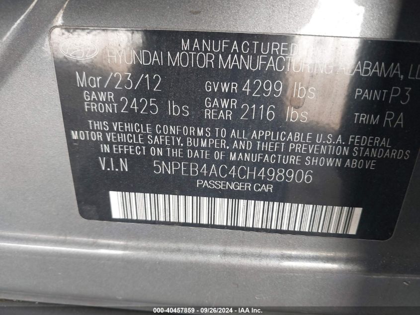 5NPEB4AC4CH498906 2012 Hyundai Sonata Gls