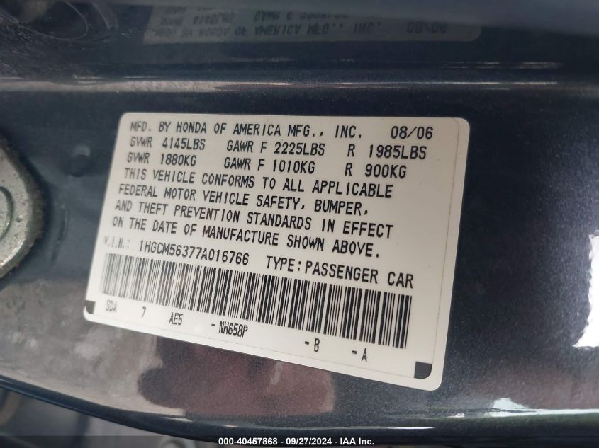 1HGCM56377A016766 2007 Honda Accord 2.4 Se