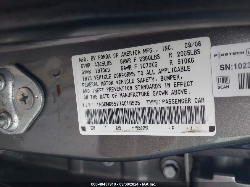 1HGCM66577A018525 2007 Honda Accord 3.0 Ex