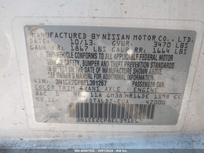 3N1CE2CP8EL391267 2014 Niss Versa Note Sv W/Cont Sv