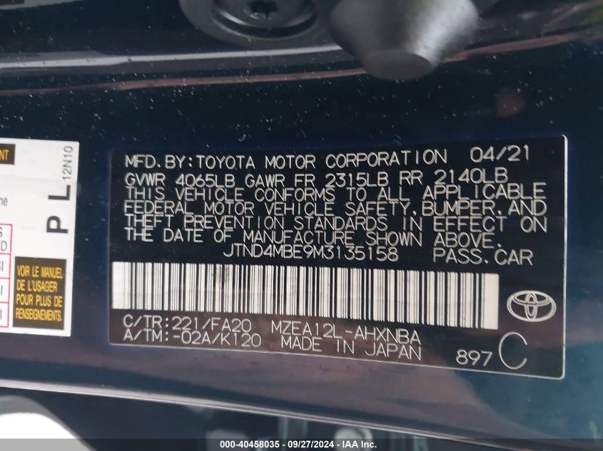 2021 TOYOTA COROLLA VIN: JTND4MBE9M3135158