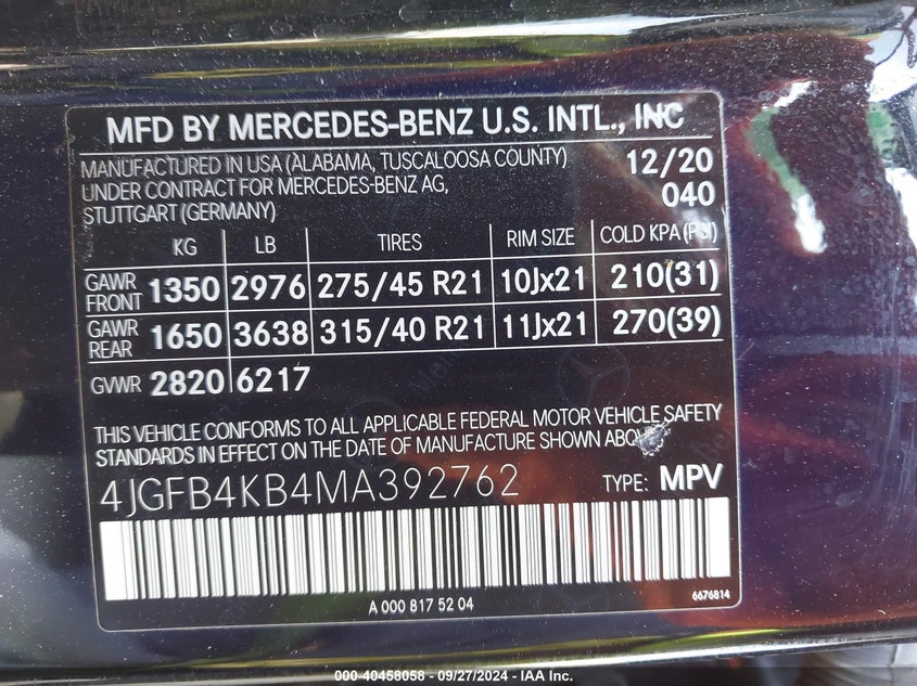 VIN 4JGFB4KB4MA392762 2021 MERCEDES-BENZ GLE 350 4MATIC