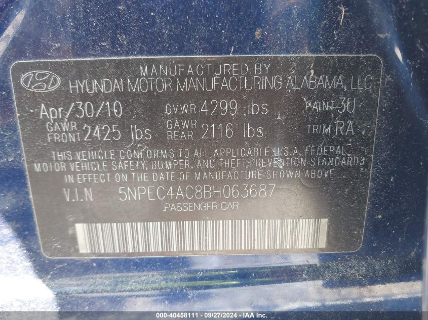 5NPEC4AC8BH063687 2011 Hyundai Sonata Se