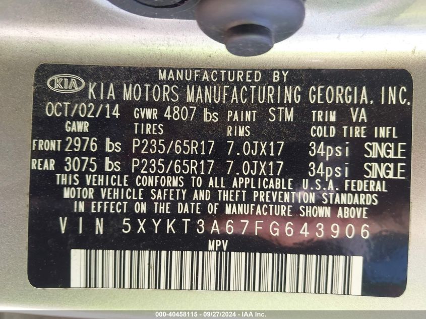 5XYKT3A67FG643906 2015 Kia Sorento Lx