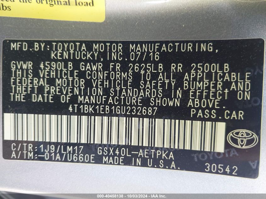 4T1BK1EB1GU232687 2016 Toyota Avalon Limited