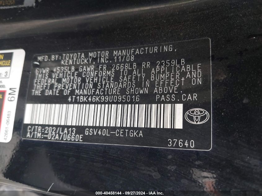 4T1BK46K99U095016 2009 Toyota Camry Xle V6