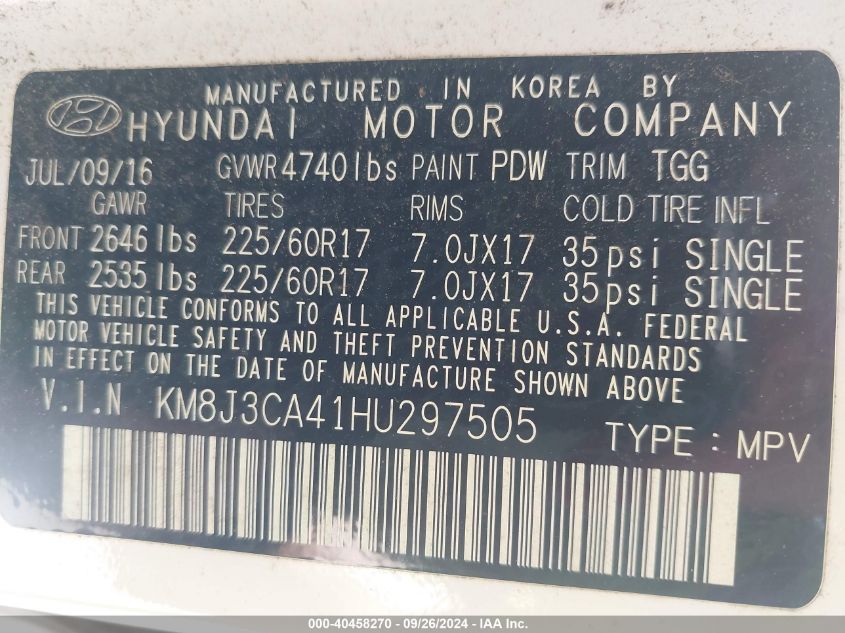 KM8J3CA41HU297505 2017 Hyundai Tucson Se