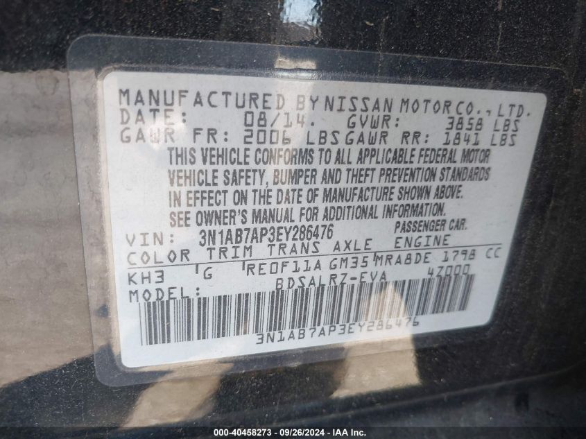 2014 Nissan Sentra Sr VIN: 3N1AB7AP3EY286476 Lot: 40458273