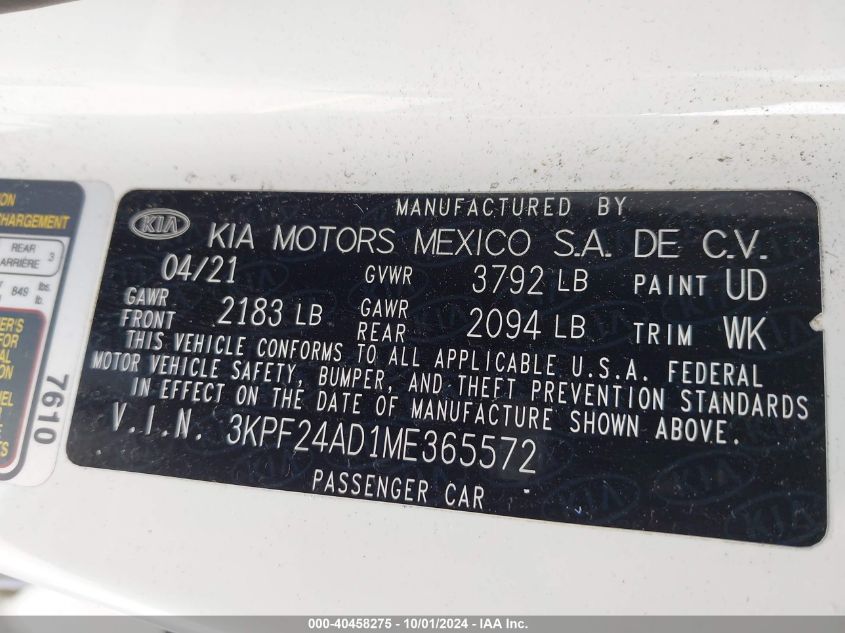 2021 Kia Forte Lxs VIN: 3KPF24AD1ME365572 Lot: 40458275