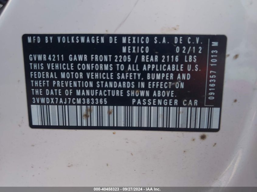 3VWDX7AJ7CM383365 2012 Volkswagen Jetta 2.5L Se