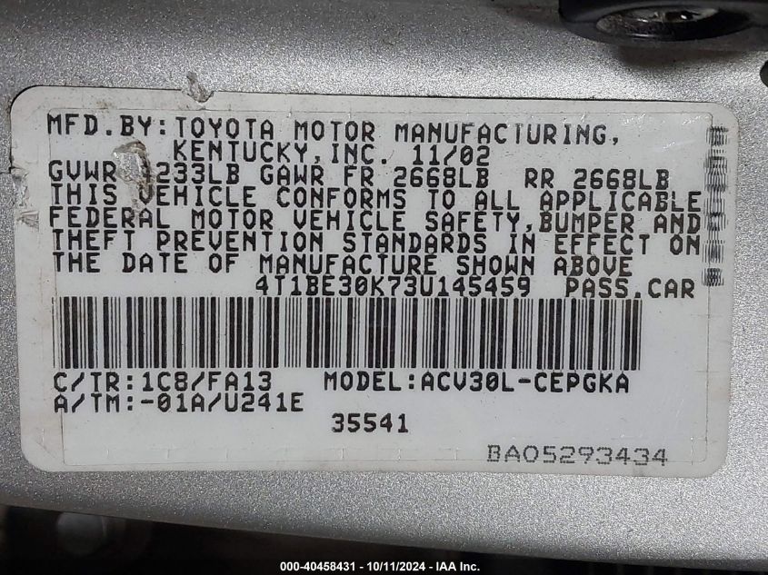 4T1BE30K73U145459 2003 Toyota Camry Xle