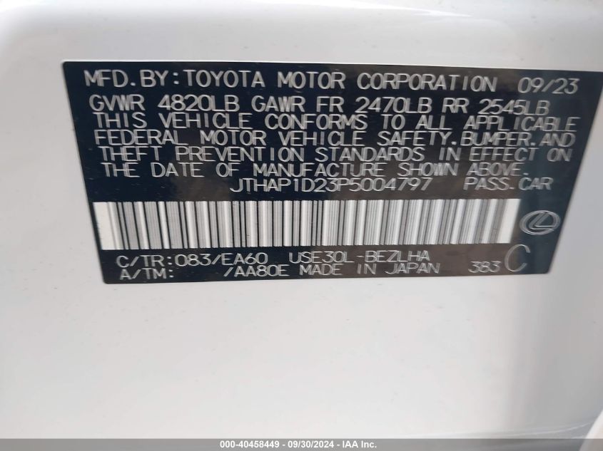 2023 Lexus Is 500 500 F Sport/500 F Sport P VIN: JTHAP1D23P5004797 Lot: 40458449