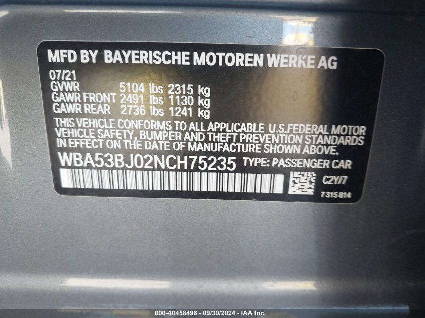 WBA53BJ02NCH75235 2022 BMW 540 I