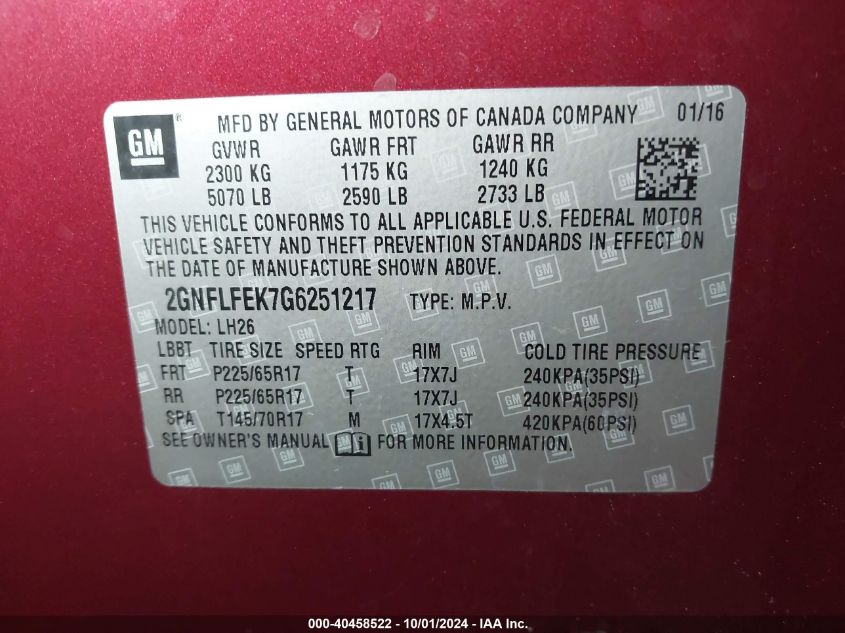 2GNFLFEK7G6251217 2016 Chevrolet Equinox Lt