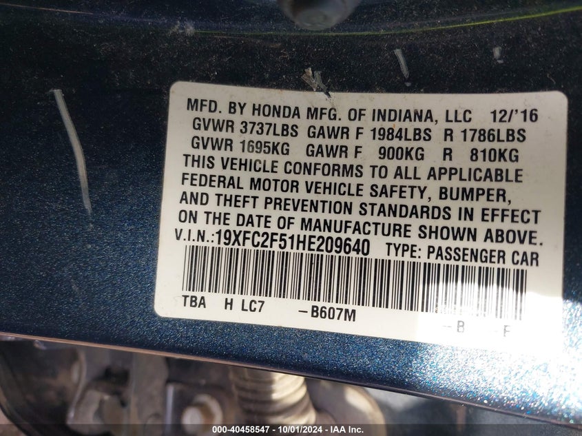 VIN 19XFC2F51HE209640 2017 HONDA CIVIC LX
