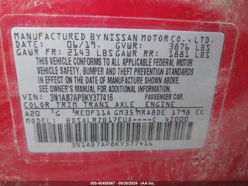 3N1AB7AP8KY377416 2019 Nissan Sentra S/Sv/Sr/Sl