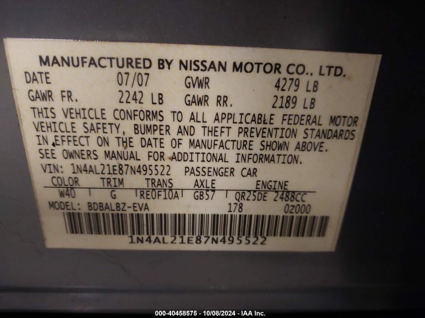 1N4AL21E87N495522 2007 Nissan Altima 2.5/2.5S