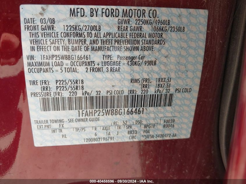 1FAHP25W88G166461 2008 Ford Taurus Limited