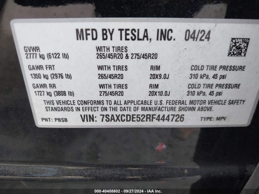 2024 Tesla Model X Long Range VIN: 7SAXCDE52RF444726 Lot: 40458602