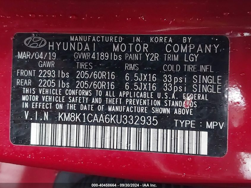 KM8K1CAA6KU332935 2019 Hyundai Kona Se