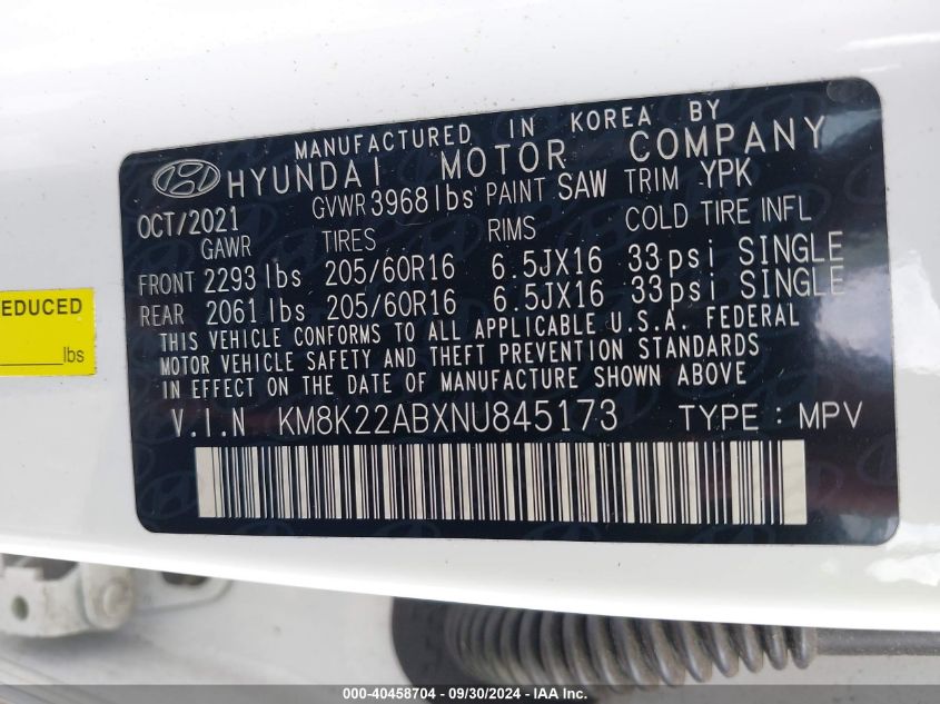 KM8K22ABXNU845173 2022 Hyundai Kona Sel/Se